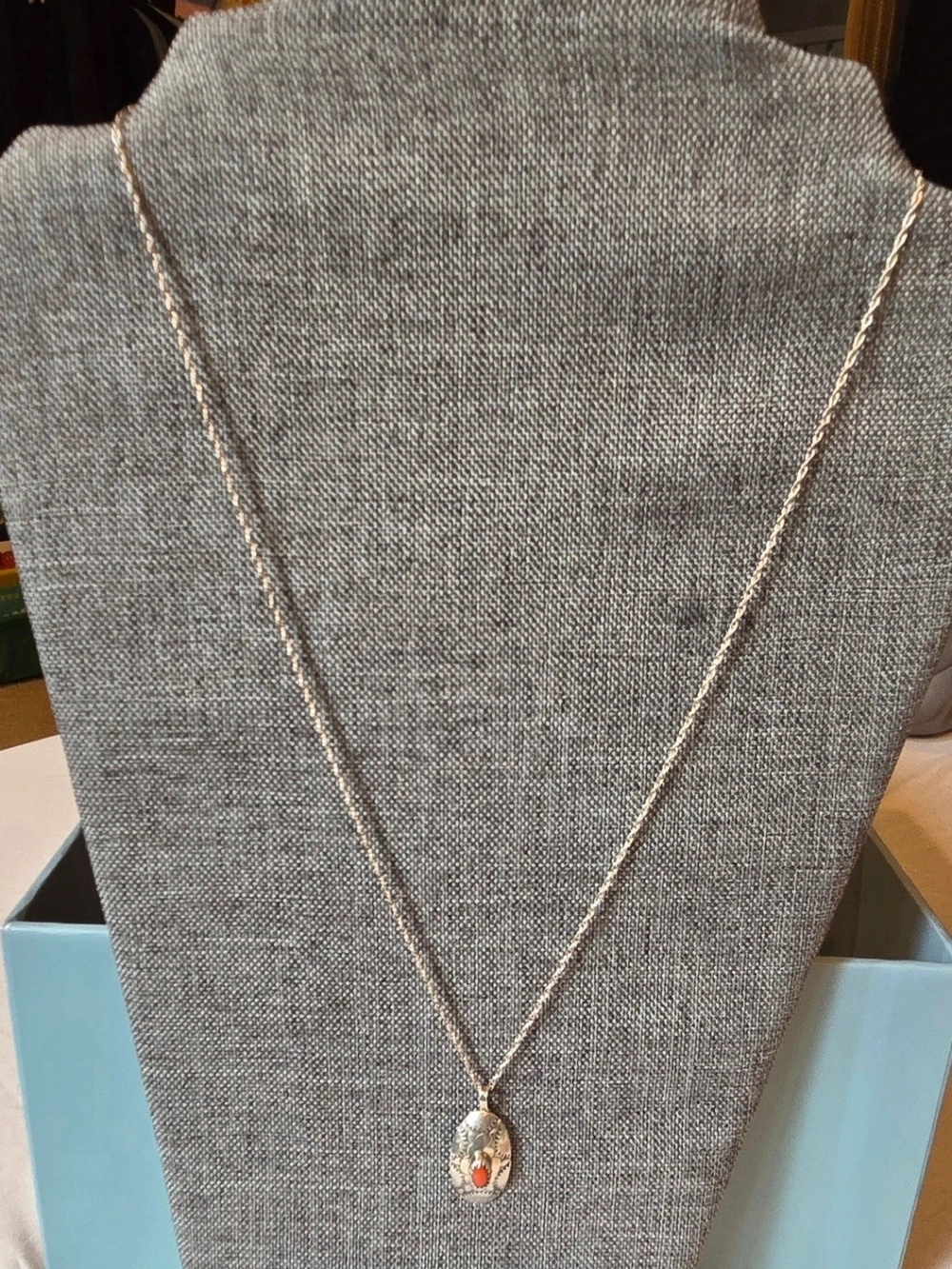 Vintage,Navajo,Native American Sterling Oval Pendant Necklace with Coral Accent